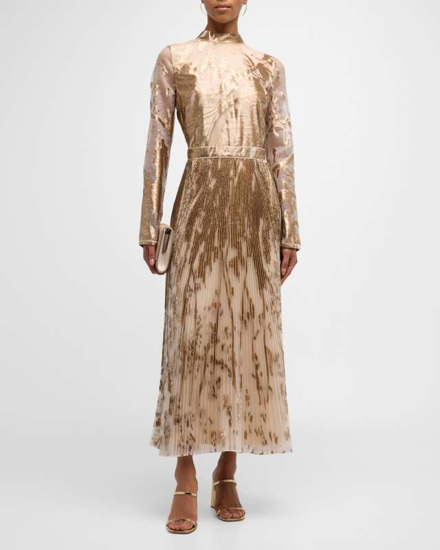 Cassini Mock-Neck Pleated Metallic Maxi Dress
